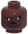 Minifigure, Head Werewolf Dark Tan Fur, Black Eye Patches, Nose and Smirk with White Jagged Fangs Pattern