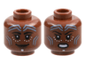 Minifigure, Head Dual Sided Female, Bright Light Blue Chevron Tattoos, Black Eyebrows, White Dots, Dark Brown Lips, Grin / Gritted Teeth Pattern