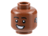 Minifigure, Head Black Eyebrows, Bright Light Blue Hearing Aid on Left with Black Ear Insert, Lopsided Open Mouth Smile with Teeth Pattern