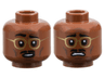 Minifigure, Head Dual Sided Black Eyebrows and Moustache, Gold Glasses, Dark Brown Cheek Lines and Chin Dimple, Worried with Raised Eyebrow Right / Scared Pattern
