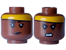 Minifigure, Head Dual Sided Female Black Eyebrows, Eyelashes, Dark Brown Lips, Bright Light Orange Headband, Grin / Angry Bared Teeth Pattern