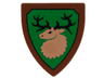Minifigure, Shield Triangular Short with Forestmen Elk / Deer Head on Green Background with Black Outline Pattern