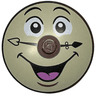 Dish 4 x 4 Inverted (Radar) with Solid Stud with Black Eyebrows and Clock Hands, White Eyes, and Open Mouth Smile with Dark Pink Tongue on Tan Background Pattern (Cogsworth Face)