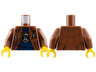 Torso Jacket Open with Dark Brown Lines over Dark Blue Sweater with Silver and Black Hourglass Logo, Pencil and Pen in Pockets Pattern / Reddish Brown Arms / Yellow Hands