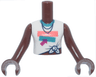 Torso Mini Doll Girl White Knotted Sleeveless Shirt with Coral and Dark Turquoise Panels and Collar, Magenta Arrow and Dot, Dark Blue Necklace with Bow on Back Pattern, Reddish Brown Arms with Hands