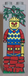 Brick 1 x 2 x 5 with Blue, Red, and Yellow Minifigure Statue on Stone Pedestal, Green Grass and Leaves on Branch Pattern