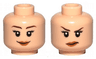 Minifigure, Head Dual Sided Female Reddish Brown Thin Eyebrows, Black Eyelashes, Medium Nougat Lips, Grin / Annoyed Pattern
