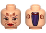 Minifigure, Head Alien with Dark Purple Thin Eyebrows, Large Reddish Brown Eyes, Horns and Markings, Red Lips, Grin, Ponytail on Back Pattern