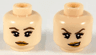 Minifigure, Head Dual Sided Female Dark Brown Eyebrows and Eye Shadow, Black Eyelashes, Lower Eyelids, Medium Nougat Lips, Neutral / Lopsided Open Mouth Scowl with Teeth Pattern