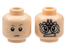 Minifigure, Head Dual Sided Child Dark Tan Small Eyebrows, Reddish Brown Freckles, and Neutral / Silver Mechanical Goggles, Medium Nougat Dimple, and Lopsided Open Mouth Scowl with Teeth Pattern