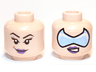 Minifigure, Head Dual Sided Female Dark Purple Lips, Black Eyebrows, Eyelashes, Medium Nougat Dimple, Smirk / Bright Light Blue Visor, Lopsided Open Mouth Scowl with Teeth Pattern