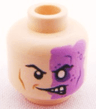 Minifigure, Head Black Eyebrows, Lopsided Open Mouth Scowl with Teeth, Medium Nougat Cheek Line and Dimple on Right, Medium Lavender Skin, White Eye, Dark Purple Eye Shadow, Spots and Scar on Left Pattern