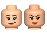 Minifigure, Head Dual Sided Female Dark Brown Eyebrows, Black Eyelashes, Nougat Lips, Lopsided Grin / Angry Frown Pattern