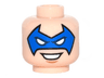 Minifigure, Head Male Blue Eye Mask Pointed with White Eyes, Nougat Chin Dimple, Open Mouth Smile with Teeth Pattern