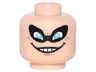 Minifigure, Head Black Eye Mask with Holes over Medium Azure Eyes, Nougat Chin Dimple and Freckles, Evil Wide Open Mouth Smile with Teeth Pattern