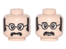 Minifigure, Head Dual Sided Black Glasses with White Lenses, Sideburns and Moustache, Neutral / Smiling Pattern (John)