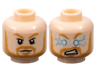 Minifigure, Head Dual Sided Medium Nougat Eyebrows, Moustache, and Beard, Neutral / Metallic Light Blue and White Lightning Eyes and Angry Open Mouth with Teeth Pattern