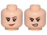 Minifigure, Head Dual Sided Female Dark Brown Eyebrows, Black Eyelashes, Nougat Lips, Medium Nougat Dimples, Lopsided Grin / Angry Open Mouth Scowl with Teeth Pattern