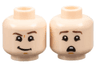 Minifigure, Head Dual Sided Dark Brown Eyebrows, Medium Nougat Chin Dimple, Lopsided Grin with Raised Left Eyebrow / Scared Open Mouth with Top Teeth Pattern