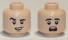Minifigure, Head Dual Sided Black Thick Eyebrows, Medium Nougat Chin Dimple, Open Mouth with Top Teeth, Smile and Raised Right Eyebrow / Scared and Red Tongue Pattern