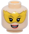 Minifigure, Head Female Gold Eyebrows, Black Eyelashes, Yellow Mask, Coral Lips, and Open Mouth Smile with Teeth Pattern