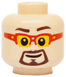Minifigure, Head Dark Brown Eyebrows and Goatee, Black Mouth, Red Glasses with Yellow Lenses Pattern