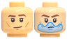Minifigure, Head Dual Sided Dark Brown Eyebrows, Medium Nougat Cheek Lines and Chin Dimple, Neutral / Scowl with Bright Light Blue Water Bubble over Mouth Pattern