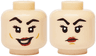 Minifigure, Head Dual Sided Female Black Eyebrows and Eyelashes, Dark Red Lips, Medium Nougat Cheek Dimples and Lopsided Open Mouth Smile with Teeth / Chin Dimple and Frown Pattern