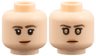 Minifigure, Head Dual Sided Female Dark Brown Thin Eyebrows, Black Double Eyelashes, Nougat Lips, Lopsided Grin / Stern with Gold Eyes Pattern