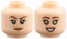 Minifigure, Head Dual Sided Female Reddish Brown Eyebrows, Black Long Eyelashes, Beauty Mark, Nougat Lips, Lopsided Grin / Open Mouth Smile with Teeth and Gold Eyes Pattern
