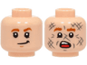 Minifigure, Head Dual Sided Dark Orange Eyebrows, Medium Nougat Chin Dimple, Lopsided Grin / Scared Open Mouth with Top Teeth, Tongue and Dark Bluish Gray Scuff Marks Pattern