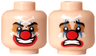 Minifigure, Head Dual Sided Clown Black Eyebrows, Medium Nougat Eye Shadow, Dark Azure Vertical Lines, White Crossbones, Red Nose and Lips, Open Mouth with Teeth Smile / Sad Pattern