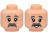 Minifigure, Head Dual Sided Dark Bluish Gray Bushy Eyebrows and Thick Moustache, Medium Nougat Forehead Lines and Dimples, Grin / Open Mouth Smile with Teeth Pattern