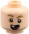 Minifigure, Head Dark Tan Bushy Eyebrows, Nougat Eye Shadow and Scar, Crooked Open Mouth Smile with Red Tongue and Missing Teeth Pattern