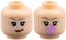 Minifigure, Head Dual Sided Female Dark Tan Eyebrows, White Round Glasses, Nougat Lips and Chin Dimple, Lopsided Grin / Blowing Bright Pink Bubblegum Bubble Pattern