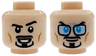 Minifigure, Head Dual Sided Black Eyebrows and Goatee, Medium Nougat Cheek Lines, Grin with Teeth, Left Eyebrow Raised / Dark Azure Eyes, Silver Glasses with Bright Light Blue Lenses Pattern