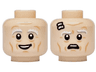 Minifigure, Head Dual Sided Light Bluish Gray and White Eyebrows, Medium Nougat Wrinkles, Open Mouth Grin with Teeth / Frown, Bandages on Forehead Pattern