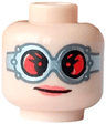 Minifigure, Head Female Silver Goggles with Red Circular Lenses, Coral Lips, Lopsided Smile Pattern