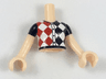 Torso Mini Doll Girl White Blouse Top with Red and Black Diamond Checkered Pattern, Light Nougat Arms with Hands with Black Sleeves
