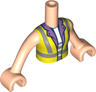 Torso Mini Doll Girl Neon Yellow Safety Vest with Recycling Logo over Medium Lavender and White Shirt Pattern, Light Nougat Arms with Hands
