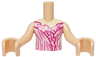 Torso Mini Doll Girl Bright Pink Dress Top with Magenta Ruffles, Dark Pink and White Curved Lines Pattern, Light Nougat Arms with Hands