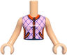 Torso Mini Doll Girl Bright Pink Sleeveless Jacket with Dark Purple Diamond Shapes, Reddish Orange Collar, Pockets, Zipper and Insets with Dark Blue Edges Pattern, Light Nougat Arms with Hands
