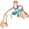 Torso Mini Doll Man White T-Shirt with Orange Tent, Dark Blue Trees, Dark Turquoise Sky and Ground and Whistle Pattern, Light Nougat Arms with Hands with White Short Sleeves
