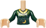 Torso Mini Doll Woman Dark Green Dress Top, Gold Collar, Sparkles, Filigree and Crescent Moon Pattern, Light Nougat Arms with Hands with Dark Green Long Sleeves