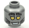 Minifigure, Head Robot Dark Silver Eyebrows, Dots, and Cheek Panels, Gold Eyes, Open Mouth Smile with Teeth Pattern