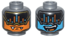Minifigure, Head Alien Visor with Music Equalizer, Gold Trim, Orange Face, Fangs / Silver Trim, Dark Azure Face, Open Mouth Smile Pattern