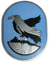 Tile, Round 6 x 8 Oval with Ravenclaw Crest with Black and Pearl Dark Gray Eagle and Rock with Roots on Medium Blue Background Pattern