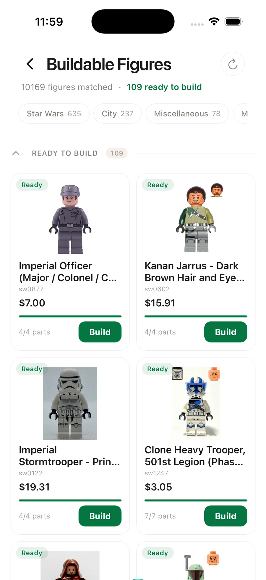 Buildable Figures in the brick'em app: 10,169 figures matched, 109 ready to build, each card showing the built minifig's BrickLink price