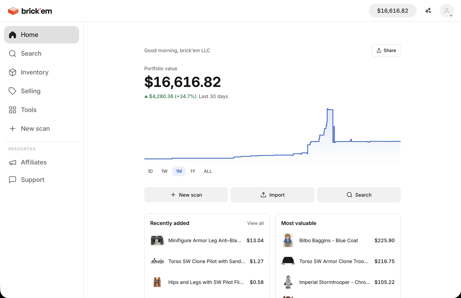 brick'em dashboard on the desktop: portfolio value, chart, and the items just added from the phone