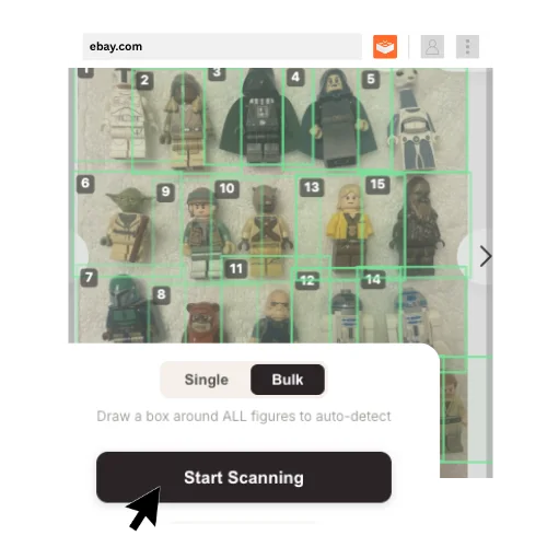 brick'em Chrome extension scanning a LEGO minifigure